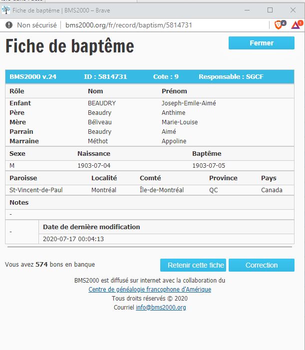 Fiche de baptême de la base de données BMS2000