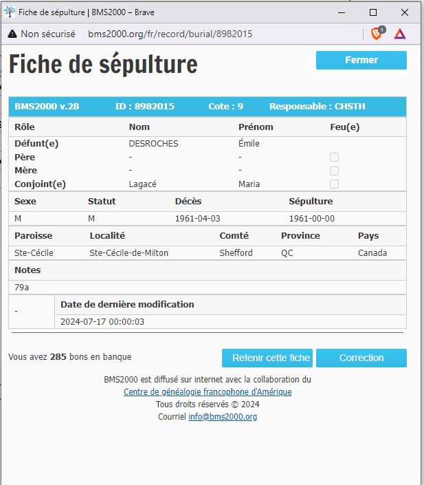 Fiche de sépulture de la base de données BMS2000