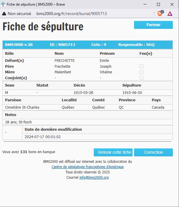 Fiche de sépulture de la base de données BMS2000