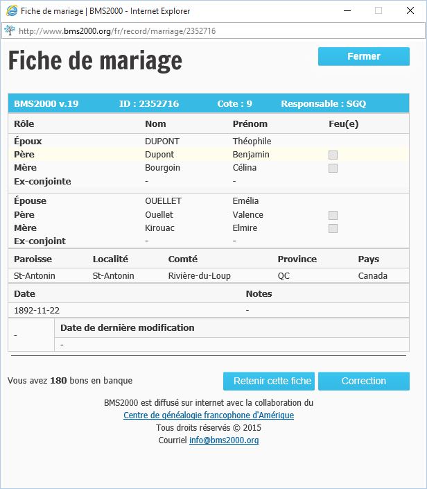 Fiche de mariage de la base de données BMS2000