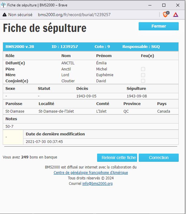 Fiche de sépulture de la base de données BMS2000