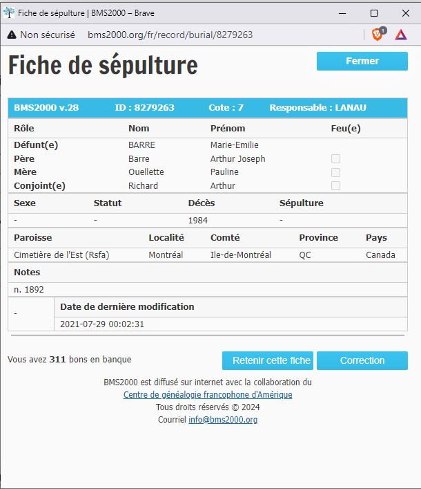 Fiche de sépulture de la base de données BMS2000