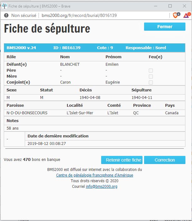 Fiche de sépulture de la base de données BMS2000