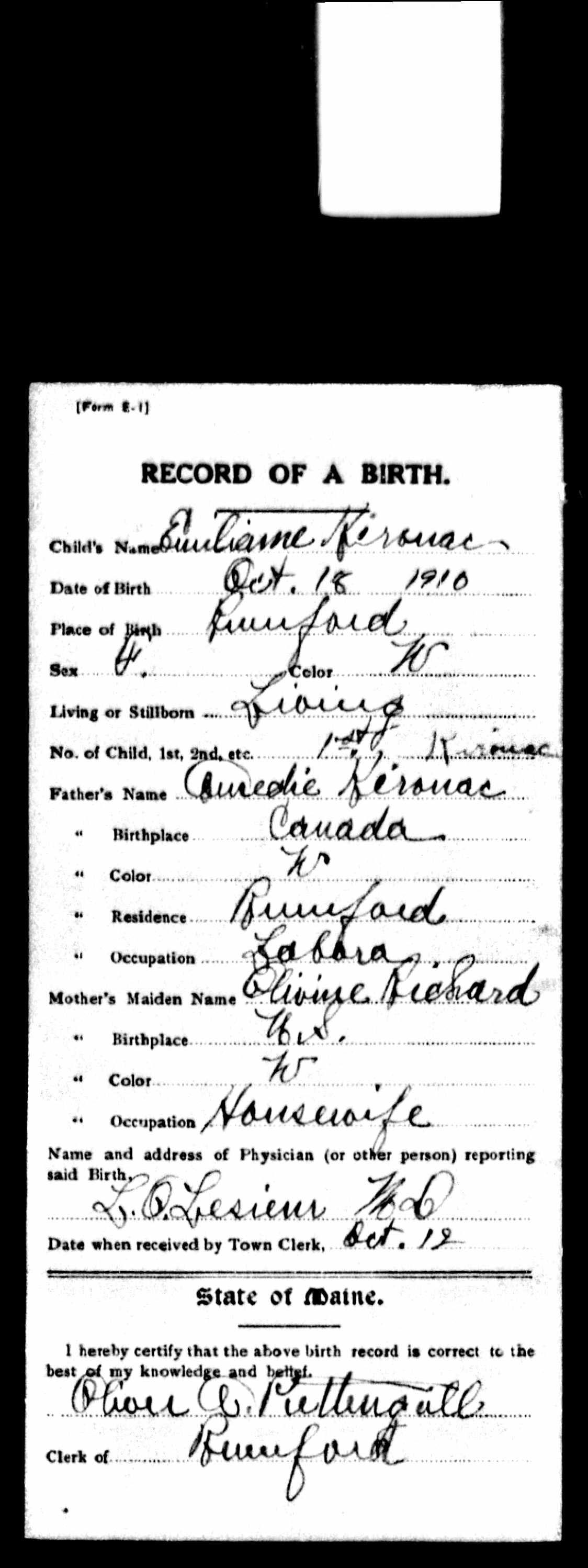 Enregistrement de la naissance