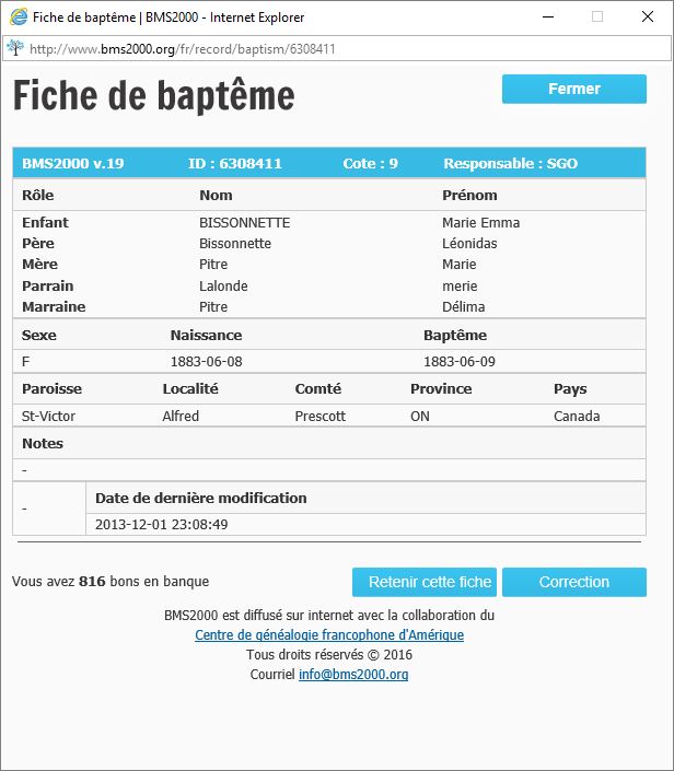 Fiche de baptême de la base de données BMS2000