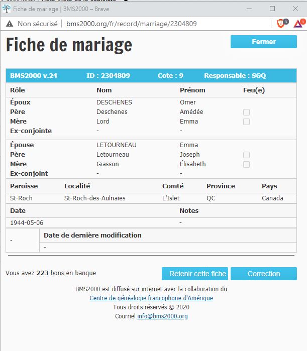 Fiche de mariage de la base de données BMS2000