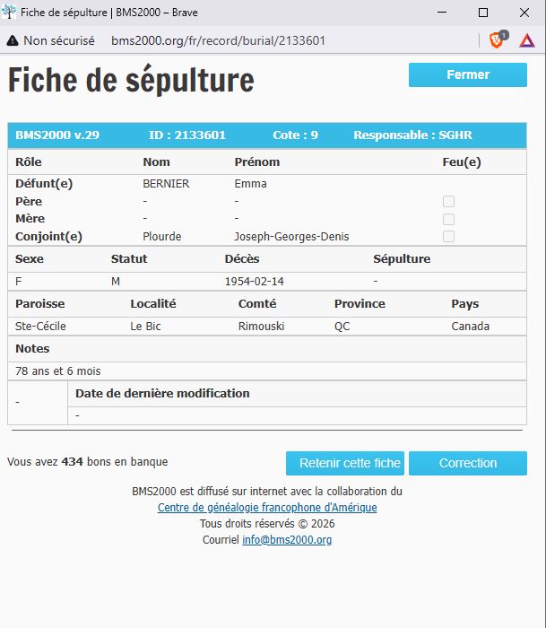 Fiche de sépulture de la base de données BMS2000