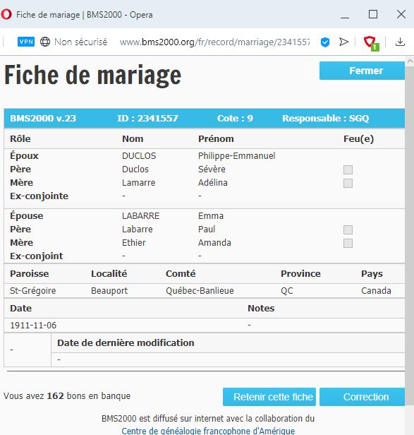 Fiche de mariage de la base de données BMS2000