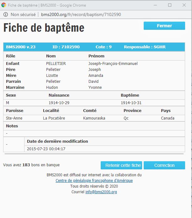 Fiche de baptême de la base de données BMS2000