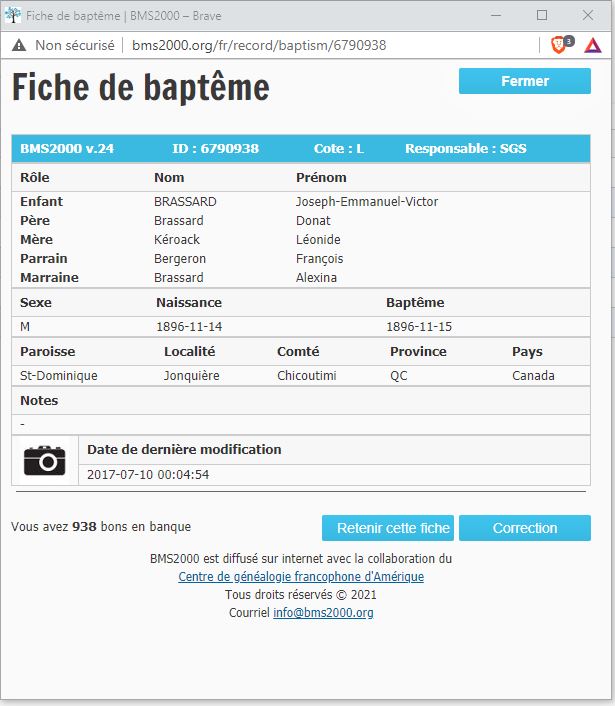 Fiche de baptême de la base de données BMS2000 Fiche de baptême de la base de données BMS2000
