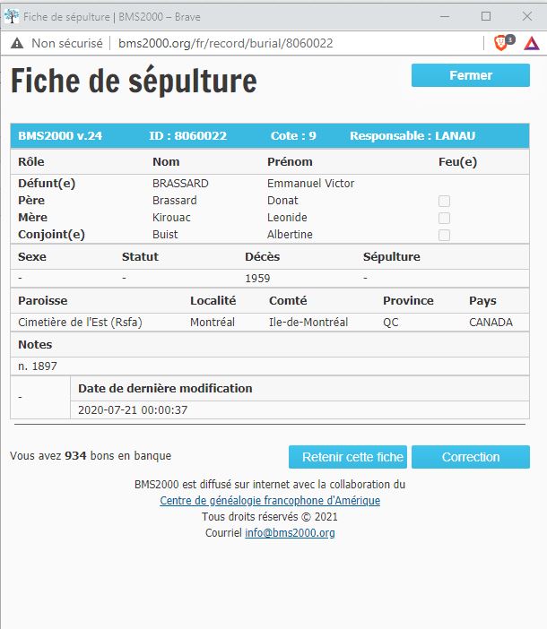 Fiche de sépulture de la base de données BMS2000 Fiche de sépulture de la base de données BMS2000