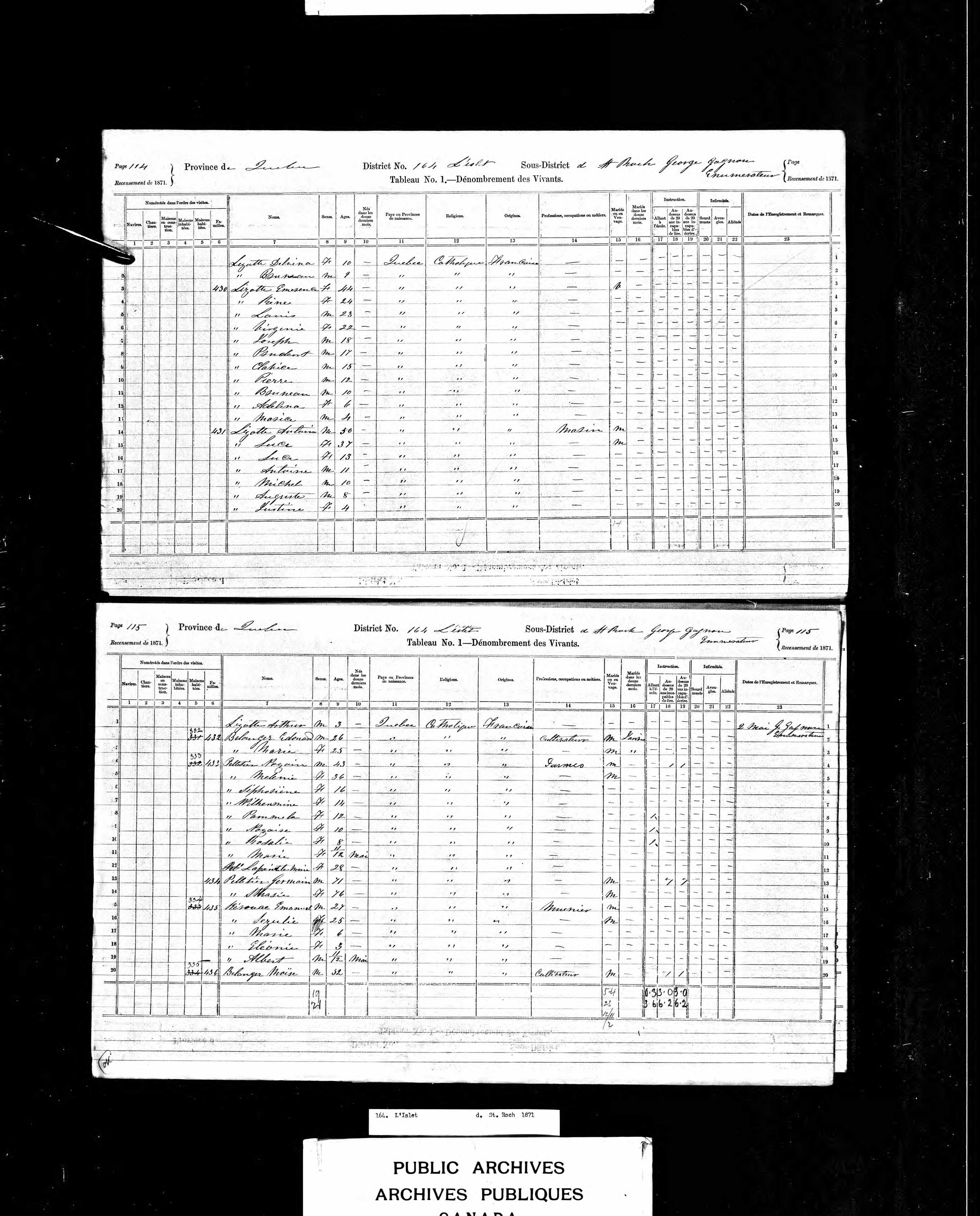 Recensement canadien 1871 Recensement canadien 1871