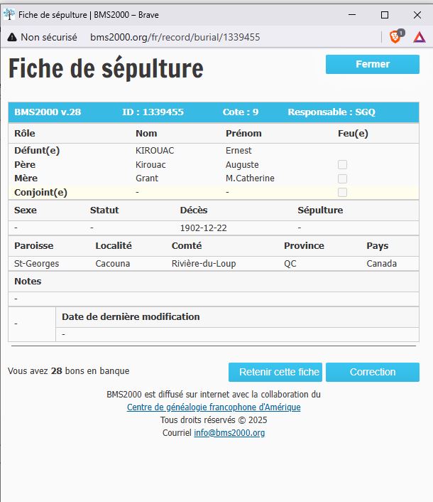 Fiche de sépulture de la base de données BMS2000
