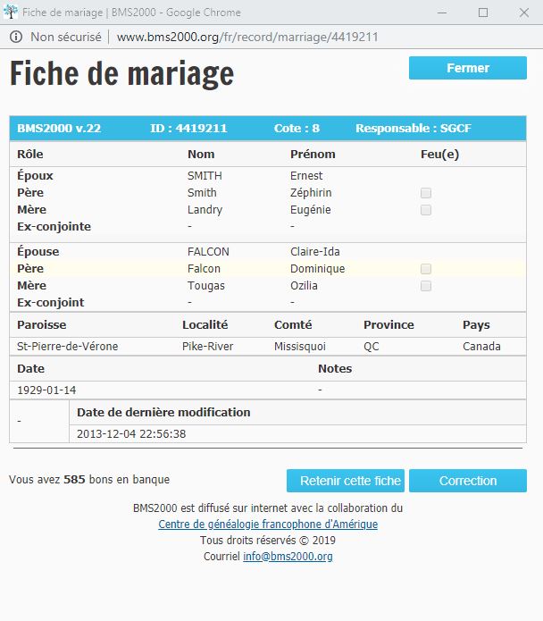 Fiche de mariage de la base de données BMS2000