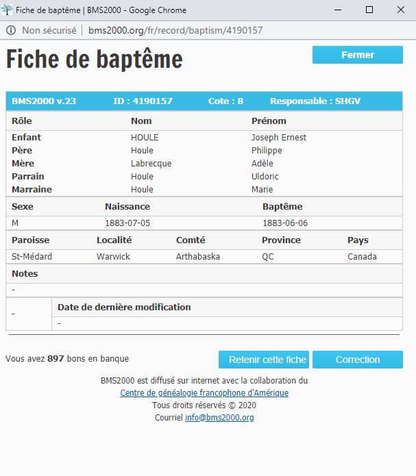 Fiche de baptême de la base de données BMS2000