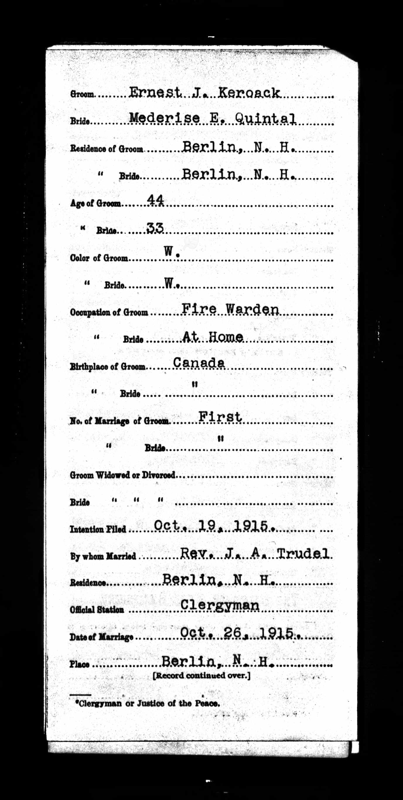Enregistrement du mariage, recto