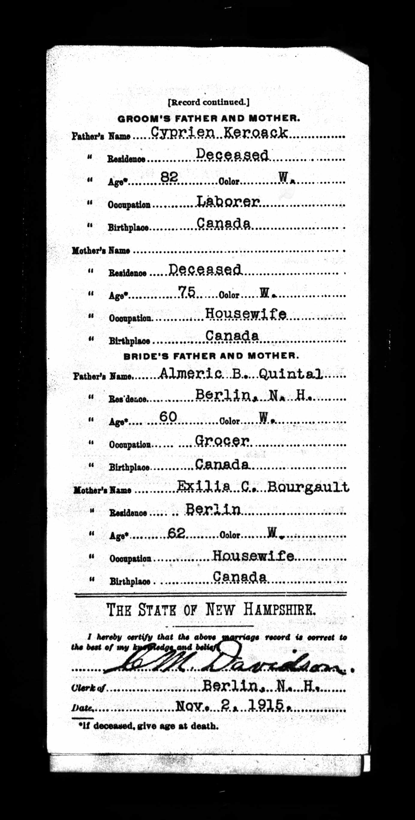 Enregistrement du mariage, verso