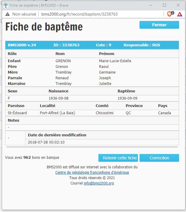 Fiche de baptême de la base de données BMS2000
