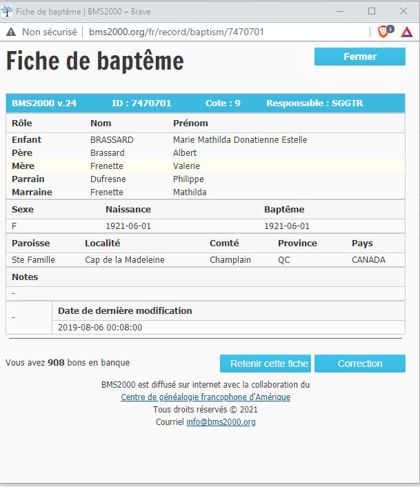 Fiche de baptême de la base de données BMS2000 Fiche de baptême de la base de données BMS2000