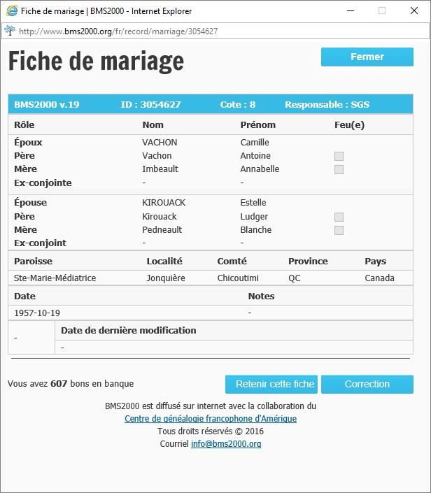 Fiche de mariage de la base de données BMS2000