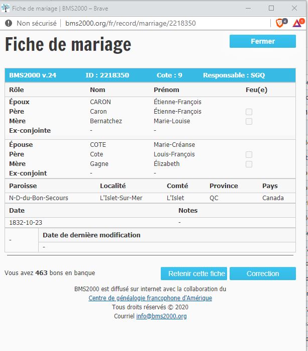 Fiche de mariage de la base de données BMS2000 Fiche de mariage de la base de données BMS2000