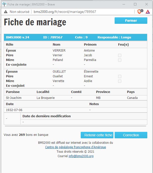 Fiche de mariage de la base de données BMS2000 Fiche de mariage de la base de données BMS2000