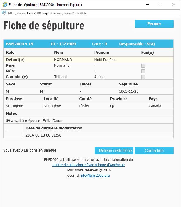 Fiche de sépulture de la base de données BMS2000