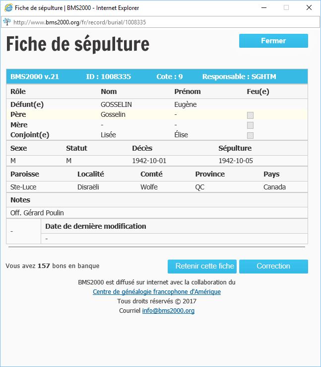 Fiche de sépulture de la base de données BMS2000