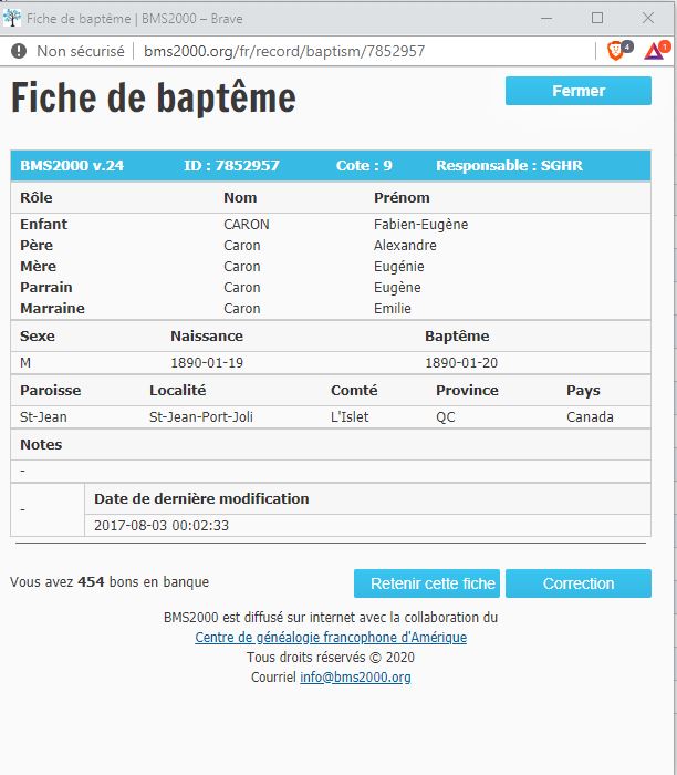 Fiche de baptême de la base de données BMS2000