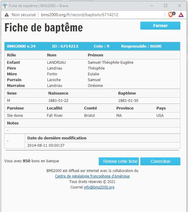 Fiche de baptême de la base de données BMS2000