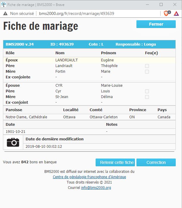 Fiche de mariage de la base de données BMS2000