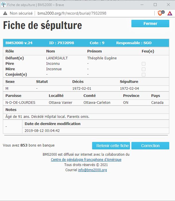 Fiche de sépulture de la base de données BMS2000