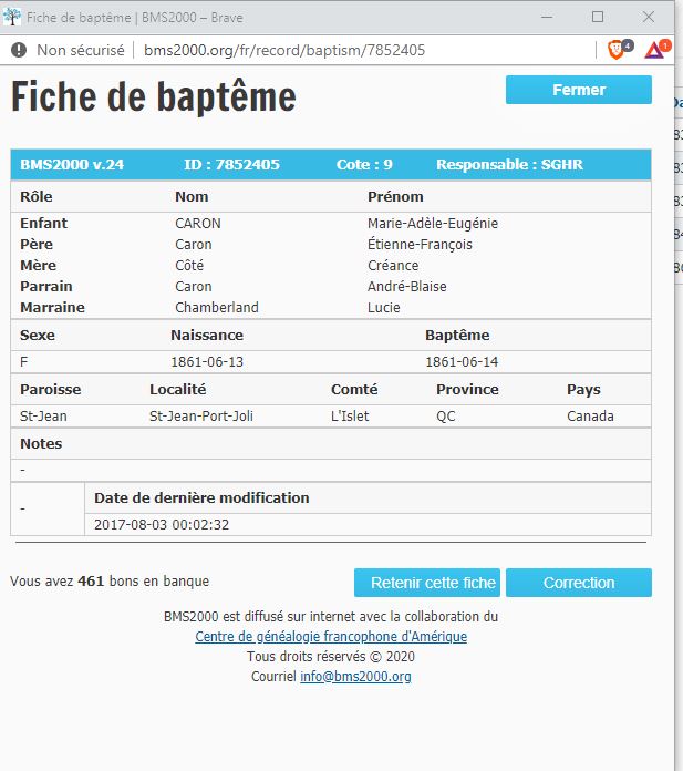 Fiche de baptême de la base de données BMS2000