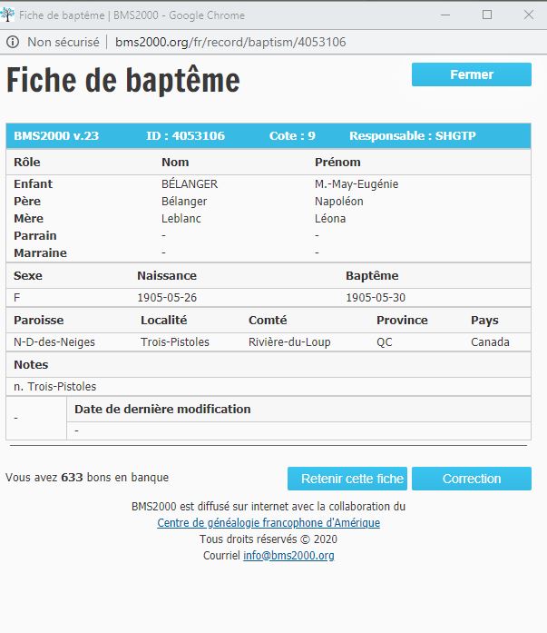 Fiche de baptême de la base de données BMS2000 Fiche de baptême de la base de données BMS2000
