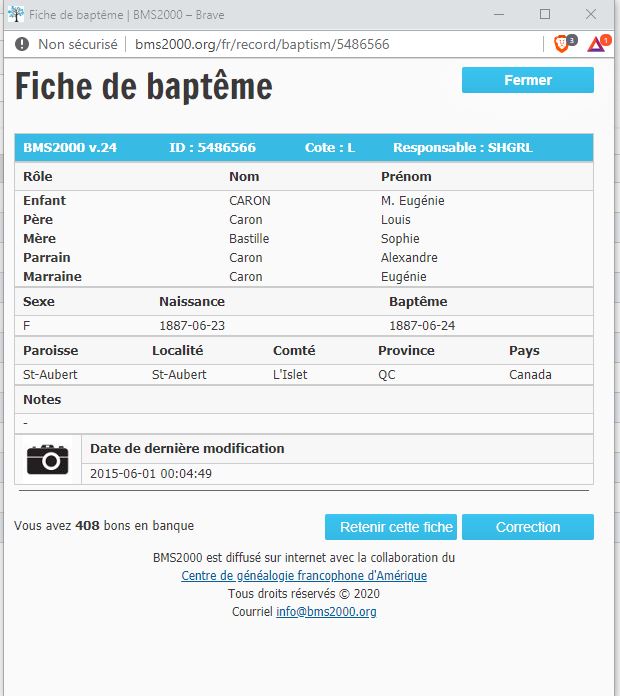 Fiche de baptême de la base de données BMS2000
