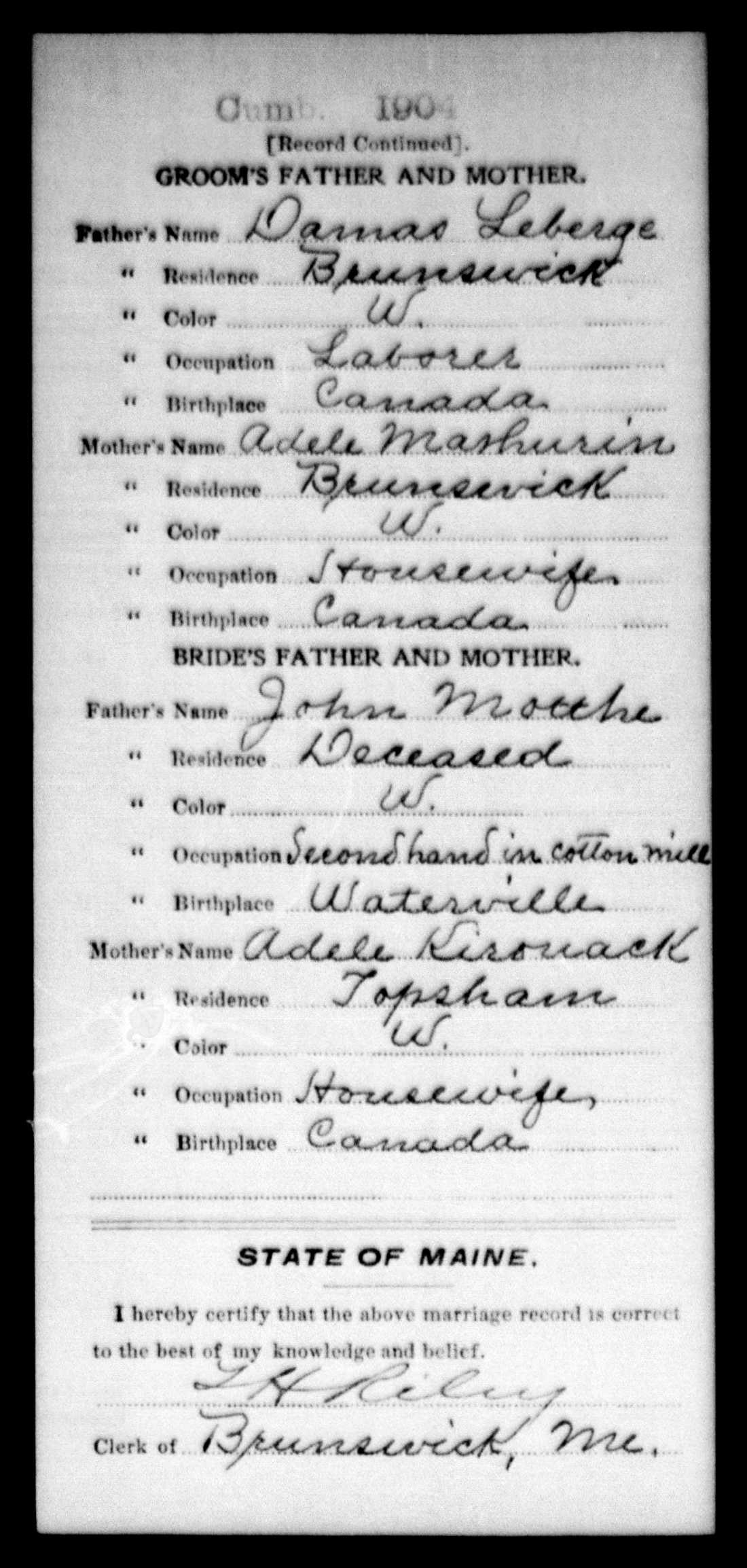 Enregistrement du mariage, verso Enregistrement du mariage, verso