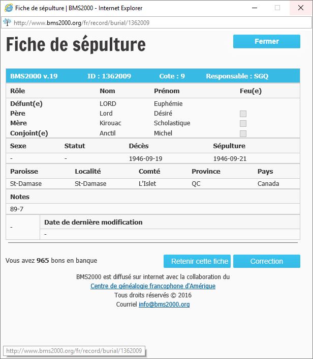 Fiche de sépulture de la base de données BMS2000
