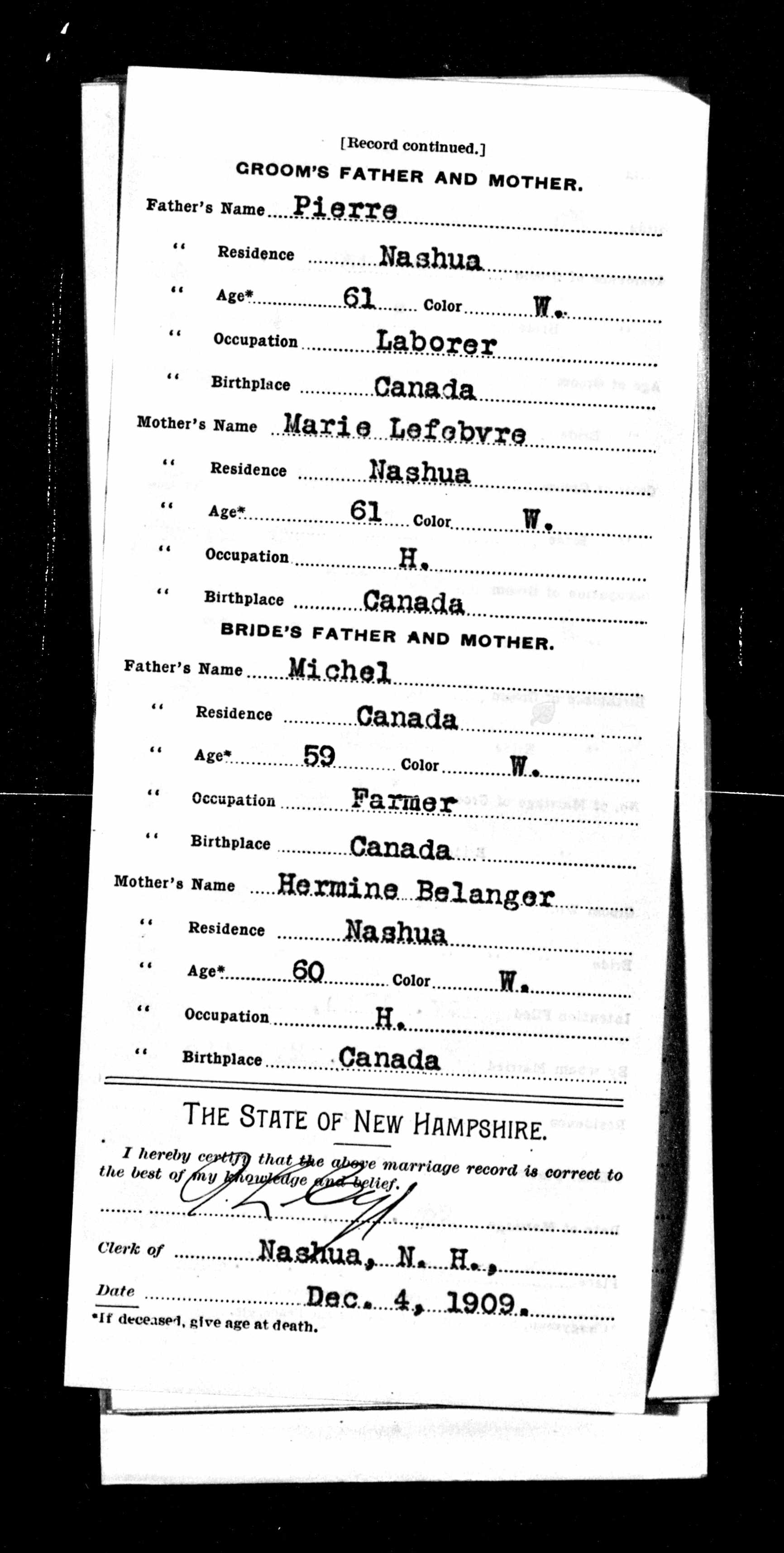 Enregistrement du mariage, verso