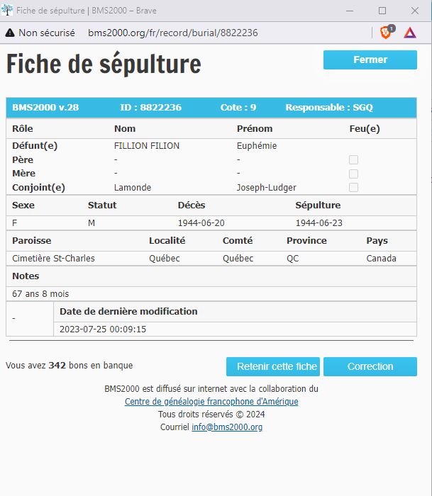 Fiche de sépulture de la base de données BMS2000