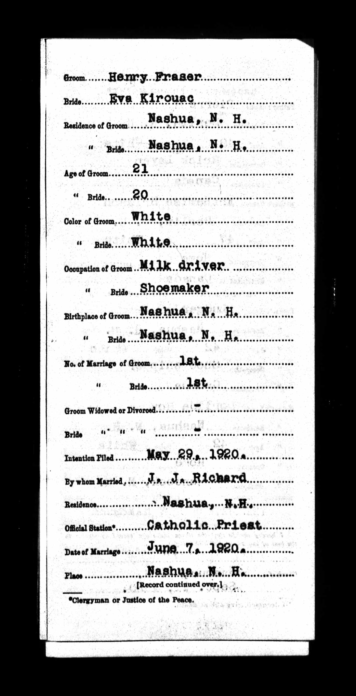 Enregistrement du mariage, recto