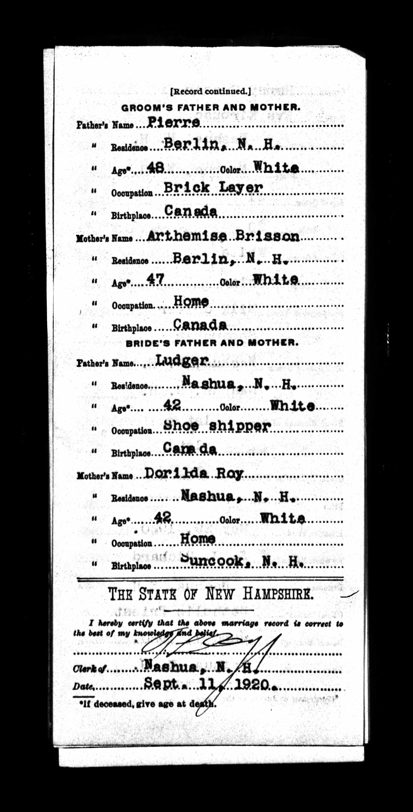 Enregistrement du mariage, verso