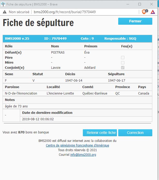 Fiche de sépulture de la base de données BMS2000