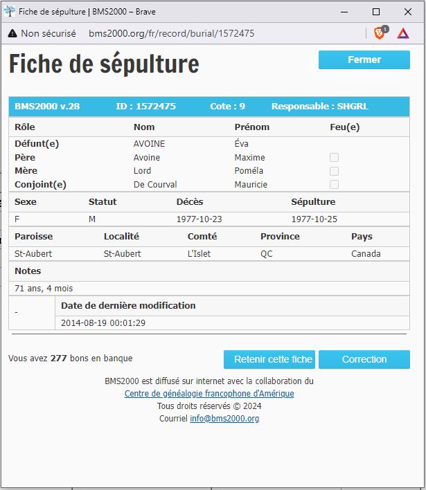 Fiche de sépulture de la base de données BMS2000