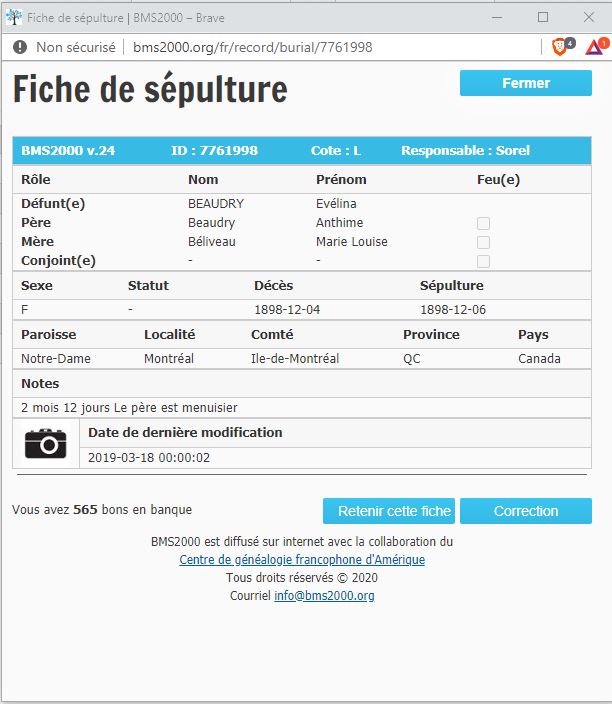 Fiche de sépulture de la base de données BMS2000