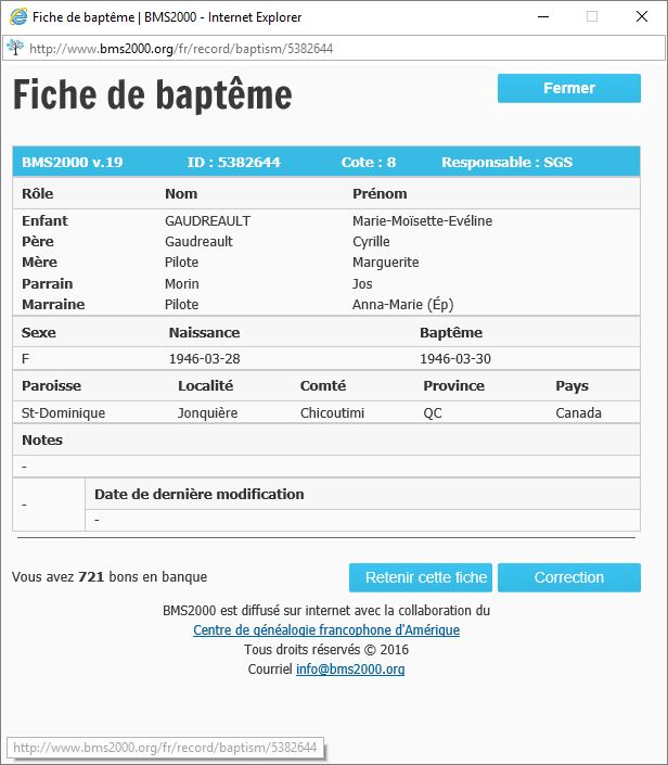 Fiche de baptême de la base de données BMS2000 Fiche de baptême de la base de données BMS2000
