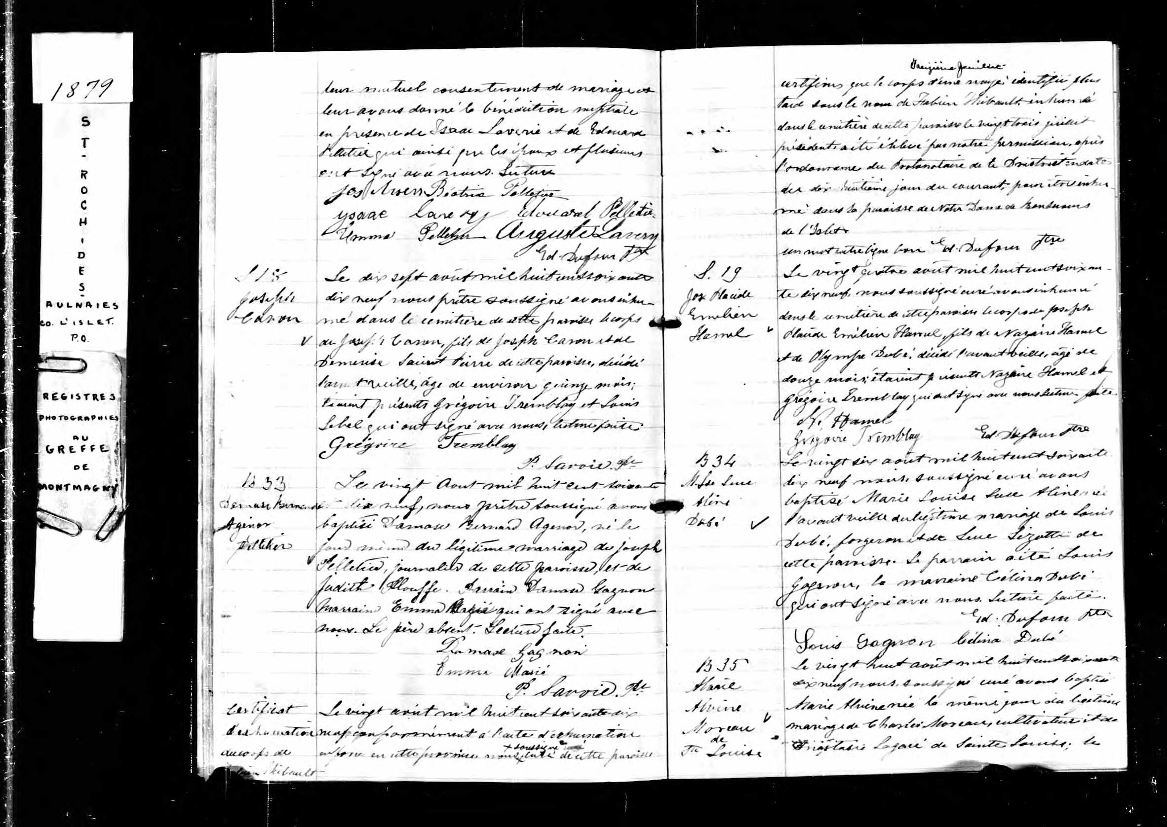 Acte d'exhumation à St-Roch-des-Aulnaies