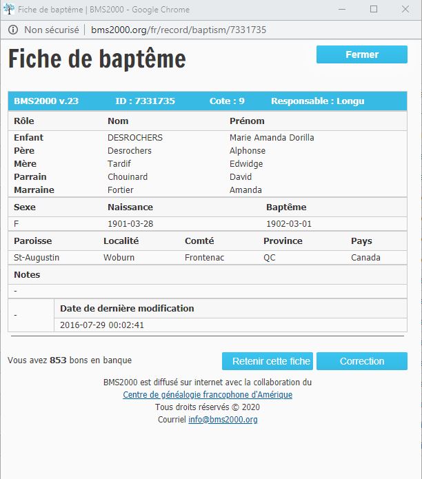 Fiche de baptême de la base de données BMS2000