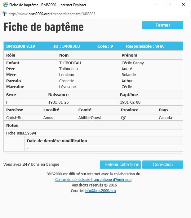 Fiche de baptême de la base de données BMS2000