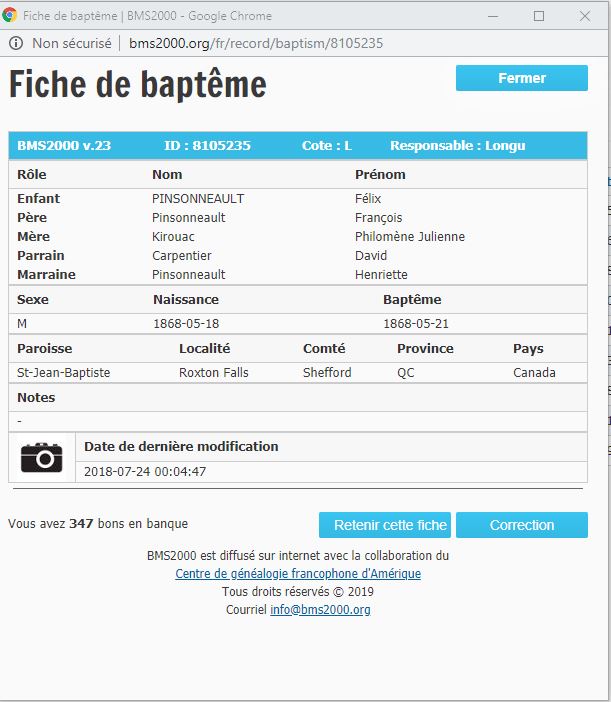 Fiche de baptême de la base de données BMS2000 Fiche de baptême de la base de données BMS2000