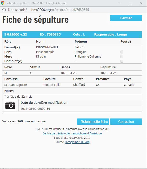 Fiche de sépulture de la base de données BMS2000 Fiche de sépulture de la base de données BMS2000